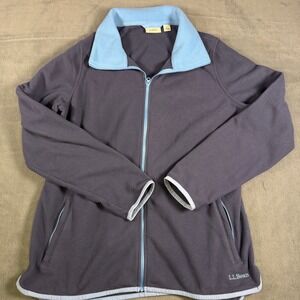 LL Bean Womens Fleece Jacket Full Zip Gray Blue Trim Recycled Polyester Large L
